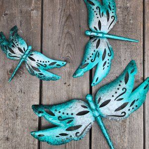 Set of 3, BLUE Dragonfly - Powder Coated Metal Wall Decor